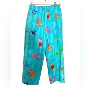 Vintage Sea Suns Hawaiian Linen Pants Cocktail Butterfly Palm Tree Hummingbird L